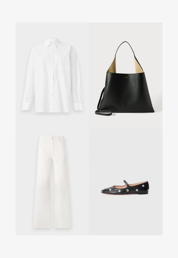 Cămașă albă cu mâneci lungi din bumbac, având un guler clasic, închidere cu butoane și un singur buzunar pe partea stângă.; Jeans albe, cu talie înaltă și croială largă, realizate din denim. Dispun de închidere cu buton, două buzunare frontale și cusături detaliate pe laterale.; Pantofii Mary Jane din piele neagră, cu vârful rotund, decorati cu nasturi circulari argintii și o curea ajustabilă cu cataramă.; Geantă tote din piele neagră, cu un design spațios și unghiular. Dispune de un interior contrastant bej și o curea subțire pentru umăr. Branding minimalist afișat.