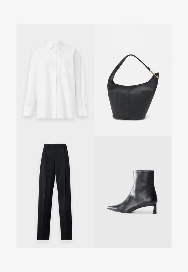 Biała koszula z długim rękawem wykonana z bawełny, z klasycznym kołnierzykiem, zapięciem na guziki i pojedynczą kieszenią na piersi po lewej stronie.; Czarne spodnie wykonane z gładkiego materiału, z wysokim stanem, szerokimi nogawkami, fałdami z przodu i klasycznymi szlufkami na pasek. Brak widocznych kieszeni bocznych.; Czarne skórzane botki sięgające kostki z ostrym noskiem i eleganckim designem. Posiadają niski obcas oraz zamek błyskawiczny z tyłu. Gładka faktura.; Czarna skórzana torebka o okrągłym kształcie, z szerokim paskiem i teksturowanym wykończeniem. Posiada subtelny detal szwu i akcenty w odcieniu złota.