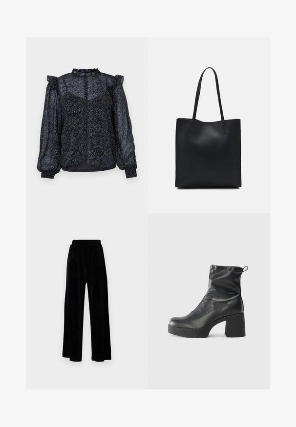Fekete blúz pettyes mintázattal, áttetsző anyaggal, puffos ujjakkal és fodros nyakkivágással, hátul gombzárral.; Fekete, széles szárú nadrág puha velúrból, rugalmas derékkal és sima textúrával, látható díszítés vagy mintázat nélkül.; Fekete bokacsizmák sima bőrből, oldalsó cipzárral, vastag, texturált sarkú és lekerekített orrú dizájnnal.; Fekete bőrtáska sima felszínnel, téglalap alakú, két hosszú füllel. Nincs látható fémkiegészítő vagy díszítés.
