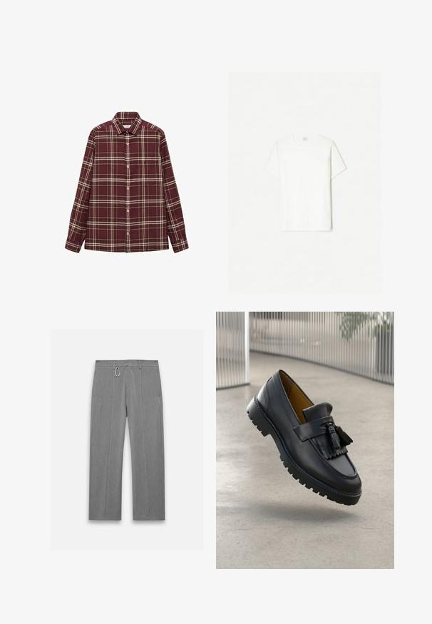 Burgundská károvaná košeľa s dlhými rukávmi, zapínaním na gombíky a náprsním vreckom. Obsahuje biele a žlté pruhy v kockovanom vzore.; Biela bavlnená tričko, kulatý výstrih, krátke rukávy, voľný strih, hladká textúra, bez viditeľných vzorov alebo akcentov.; Šedé elegantné nohavice s textúrovaným povrchom. Obsahujú predný zips, bočné vrecká a akcenty zo strieborného kovu. Rovný strih.; Čierne kožené mokasíny s detailom na strapci, hladkým povrchom a gumovou podrážkou s protišmykovými drážkami. Interiér podšitý kontrastnou hnedou látkou.