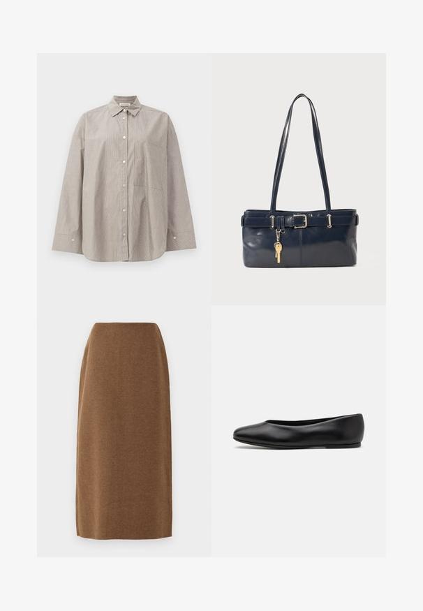 Chemise à rayures beige et blanche, avec un col pointu, des manches longues, une poche avant et une coupe décontractée.; Jupe marron, longueur genoux, en tissu doux avec une texture lisse et une coupe droite ; présente un subtil détail de couture sur les côtés.; Paul Smith TOPANGA - Ballerines - black; Sac à main en cuir bleu marine avec deux longues poignées, un détail de boucle et un porte-clés accroché. Il présente une texture lisse et une forme rectangulaire.