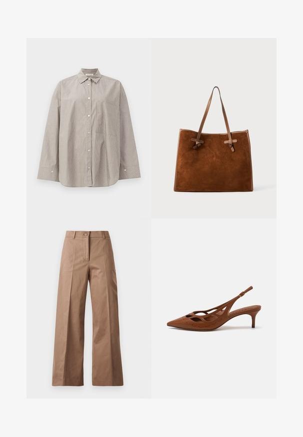 Striped button-up shirt in beige and white, featuring a pointed collar, long sleeves, front pocket, and a relaxed fit.; Brown wide-leg trousers made from a smooth fabric, featuring a front button closure, two front pockets, and clean, tailored lines.; Brown leather slingback heel with a pointed toe, cut-out design, and stitched detailing. Features a slender heel and adjustable strap.; Brown suede tote bag with two leather handles, flat shape, stitched accents, and knot detail on the sides. No visible closures.