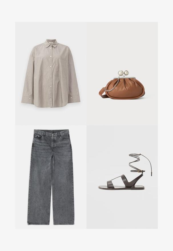 Striped button-up shirt in beige and white, featuring a pointed collar, long sleeves, front pocket, and a relaxed fit.; Wide-leg jeans in dark gray denim. Features a high waist, five-pocket design, and front button closure. Smooth texture with subtle fading.; Brown leather sandal with a flat sole, featuring a minimalist design, curved ankle strap, and multiple cutouts for breathability.; Brown leather clutch purse with silver ball clasp and a small silver chain detail on a white background.