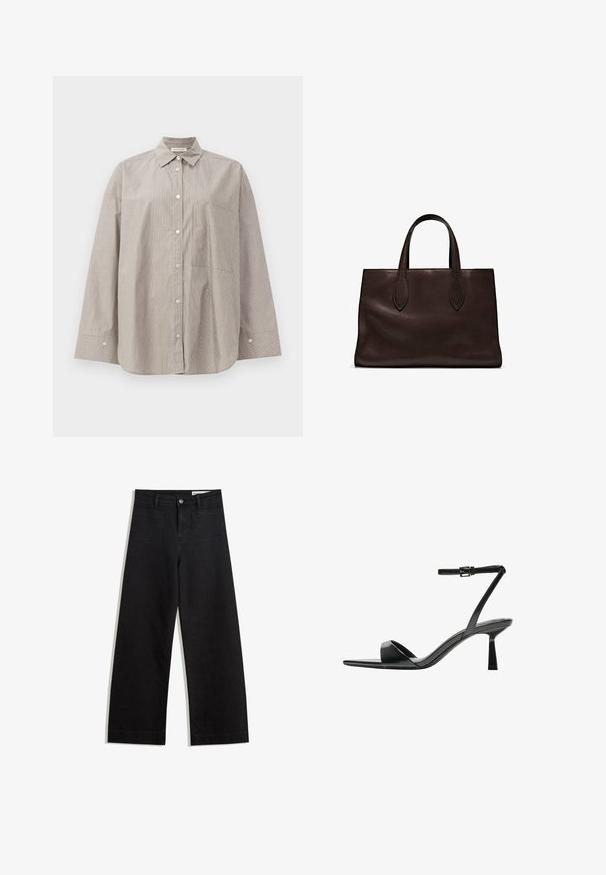 Koszula w paski z beżowego i białego materiału, z kołnierzykiem w szpic, długimi rękawami, kieszonką z przodu oraz luźnym krojem.; Czarne dżinsowe spodnie o szerokich nogawkach i wysokim stanie, z przednimi i tylnymi kieszeniami, przeszyciami oraz zapięciem na guziki. Gładka struktura.; Bershka - Sandały na obcasie; Brązowa skórzana torba tote z dwoma wydłużonymi uchwytami, usztywnionym prostokątnym kształtem, gładką teksturą i subtelnymi detalami przeszycia.