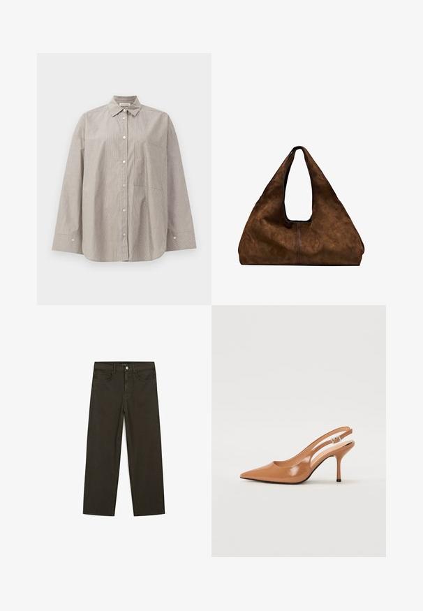 Stribet skjorte i beige og hvid, med spidse kraver, lange ærmer, brystlomme og en afslappet pasform.; Mørkegrønne brede jeans lavet af en bomuldsblanding, med en frontlukning med knap, fem lommer og klassisk denim-syning.; Spids tå slingback hæl i et glat, blankt tan materiale. Har et buet udskæring design og en slank stiletto hæl. Sølv spænde detalje.; Brun ruskind skuldertaske med åben top. Har en dyb, bred form, udskåret håndtag og minimal syning for et rent design.