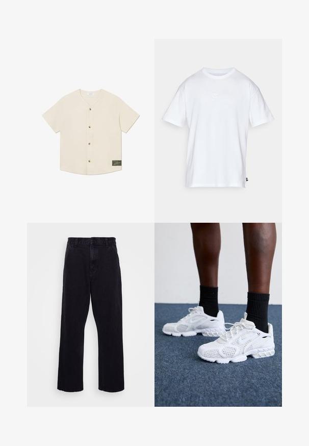 Lyhythihainen nappipaita kerma- värisessä kankaassa. Ominaisuuksiin kuuluu V-muotoinen kaula-aukko, viisi ruskeaa nappia ja vihreä etiketti oikeassa alareunassa.; Valkoinen puuvillainen t-paita, jossa on lyhyet hihat ja pyöreä kaula-aukko. Paidassa on pieni, huomaamaton Nike-logo rinnassa ja sivulappu.; Mustat farkut suoran lahkeiden muotoilulla, jossa on nappi- ja vetoketjukiinnitys, vyölenkit ja vähäiset ompeluyksityiskohdat.; Valkoiset urheilukengät, joissa on verkkomateriaali, teksturoidut yksityiskohdat ja pehmeä pohja. Yhdistetty mustiin ribbikuvioisiin nilkkasukkiin sinisellä matolla.