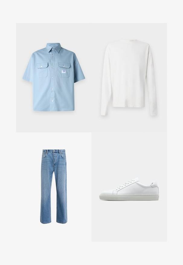 Lichtblauw kortarm shirt van katoen, met een puntig verstelbare kraag, twee borstzakken en een klein logo-opdruk nabij de linker zak.; Witte katoenen blouse met lange mouwen en een ronde halslijn, met zijsplitten aan de onderkant en een gladde textuur, vanuit de achterkant weergegeven.; Lichtblauwe denim jeans met een straight-leg ontwerp, vijf zakken, knoopsluiting, minimale vervaging en contrasterende stikseldetails.; Witte sneaker met een gladlederen bovenwerk en een laag profiel. Voorzien van een ronde neus, zes vetergaatjes en een gestructureerde rubberen zool.