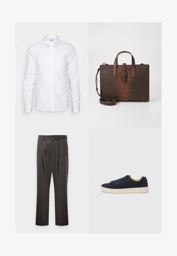 Witte blouse met lange mouwen, een spitse kraag, knoopsluiting aan de voorkant en een gladde katoenstructuur. Voorzien van manchetknopen en een getailleerde pasvorm.; Donkergrijze broeken van een textuurstof, met een vlakke voorkant, plooien, rechte pijpen en riemlussen. Geen zichtbare hardware of patronen.; Marine blauwe suedekleurige low-top sneaker met ronde neus, off-white rubberen zool en bijpassende veters; heeft een contrasterende tan interieur voering.; Bruine handtas van krokodillenleer met reliëf, voorzien van bovenhandgrepen en een afneembare schouderband. Bevat een gespsluiting en heeft een rechthoekige vorm.