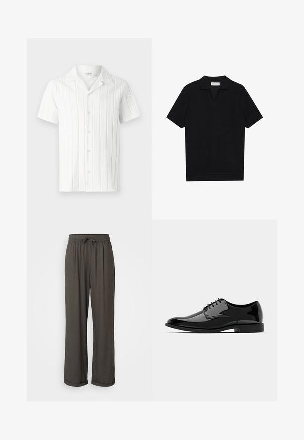 White short-sleeve shirt with vertical textured stripes, a notched collar, and five buttons down the front, made from a lightweight fabric.; Black short-sleeve polo shirt with a textured, ribbed fabric, featuring a v-neckline and a straight hem. No visible logos or patterns.; Dark gray wide-leg pants with a drawstring waist, made of a soft, textured fabric, featuring rolled cuffs at the ankles.; Black patent leather dress shoe with a rounded toe, lace-up design, and smooth, shiny surface. Features a low-profile rubber sole.