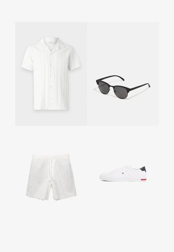 Witte kortebloezende shirt met verticale structuurstrepen, een geknipt kraagje en vijf knopen aan de voorkant, gemaakt van een lichte stof.; Witte katoenen shorts met een elastische tailleband met trekkoord, zijzakken en een rechte snit met afgewerkte zomen.; Witte lage sneakers gemaakt van glad leer. Beschikt over een marineblauwe hielkap en een rode accent op de zool. Zes oogjes voor veters.; Zwarte zonnebril met ronde lenzen, matte afwerking en een kenmerkende cat-eye vorm. Slanke armen met subtiele branding op de linkertempel.