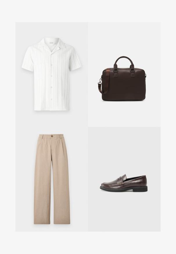 Hvit kortermet skjorte med vertikale teksturerte striper, en klippet krage og fem knapper foran, laget av et lett stoff.; Beige vide bukser med teksturert overflate, med folder og elastisk liv, festet med en bronseknapp foran.; Brune lærloafers med en glat finish, der har en subtil syet detalje på overdelen og en sort gummisål.; Brun lærveske til bærbar datamaskin med en strukturert overflate, doble topphåndtak, justerbar stropp og to frontspenner for ekstra detalj.
