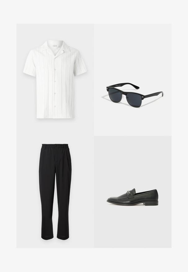 Camicia bianca a maniche corte con strisce verticali texture, colletto a punte e cinque bottoni sul davanti, realizzata in un tessuto leggero.; Pantaloni neri con vita elasticizzata, chiusura con bottone e design a gamba dritta. Tessuto liscio, senza motivi visibili o dettagli.; Mocassino in pelle nera con finitura liscia, caratterizzato da un design cucito e da un accento decorativo in catena metallica sul vamp. Tacco piatto.; Occhiali da sole neri con forma rettangolare, lenti scure, dettagli in argento alle tempie e finitura opaca sulla montatura.
