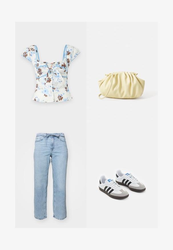 Květinový crop top v svetle modré a bílé, zdobený hnědými květinovými vzory, krátkými nabíranými rukávy a detailem na zavazování vpředu s volánkovým lemem.; Světle modré džíny z denimu s uvolněným rovným střihem, pěti kapsami a pasem s poutky na opasek. Ošoupaný vzhled s jemným vyblednutím.; Sportovní boty s bílým koženým svrškem, šedou semišovou špičkou a třemi černými pruhy. Obsahují modré logo na jazyku a texturovanou gumovou podrážku.; Žlutá skládací kabelka vyrobená z hladké umělé kůže, s jemným tvarem, jedním ramenním popruhem a designem s nařaseným vrškem.