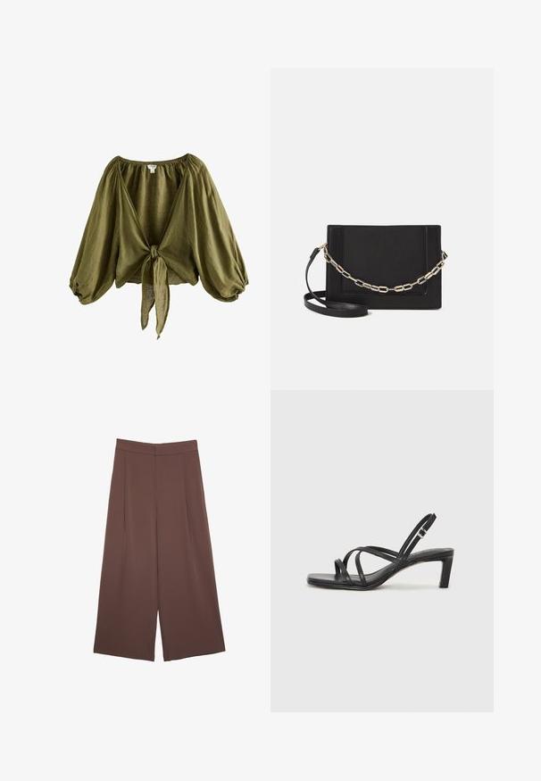Olivgrüne Leinenbluse mit gerafftem Ausschnitt, puffigen Ärmeln und gebundenem Vorderteil. Leichter, strukturierter Stoff mit lockerer Passform.; Braune Weite-Leg-Hosen mit einer glatten Textur, hoher Taille und Vorderfalten. Der Stoff ist leicht und fällt locker.; Schwarze Sandale mit Riemchen, quadratischer Zehenform und niedrigem Blockabsatz. Verfügt über mehrere dünne Riemen und einen verstellbaren Knöchelriemen. Hergestellt aus glattem Leder.; Schwarze Leder-Crossbody-Tasche mit glatter Textur, rechteckiger Form und metallic-kettendetail auf der Vorderseite. Verstellbarer Gurt inklusive.