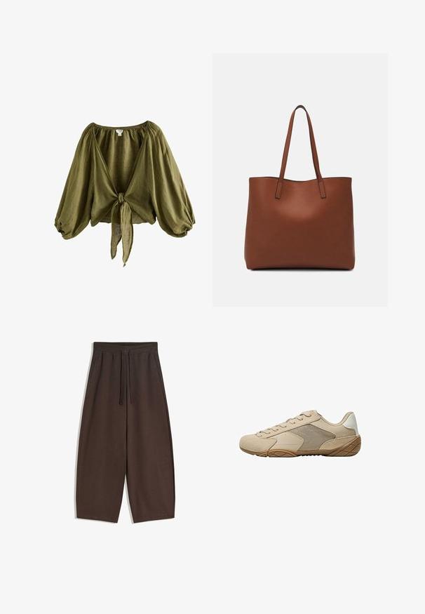 Olive green linen blouse with a cinched neckline, puffed sleeves, and a tied front. Lightweight, textured fabric with a loose fit.; Brown wide-legged pants made of soft fabric, featuring an elastic waistband and drawstring, with a smooth texture and clean design.; Beige athletic shoe featuring a suede and mesh upper, textured rubber sole, and flat laces. Smooth accents at the heel with a rounded toe design.; Brown leather tote bag with a smooth texture, open top design, and two shoulder straps. Features minimal stitching and no visible hardware.