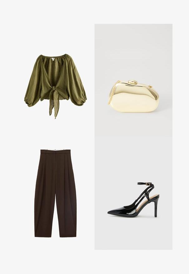 Blusa de lino verde oliva con escote fruncido, mangas abullonadas y lazo en el frontal. Tela ligera y texturada con un corte suelto.; Pantalones de talle alto marrones con pliegues, hechos de tela suave. Corte holgado, diseño de pierna recta, con lazos para cinturón y cremallera.; Zapato de charol negro de tacón alto, tipo slingback, con punta afilada, correa ajustable en el tobillo y lados abiertos. Textura lisa.; Clutch metálico dorado con una forma suave y redondeada, que presenta un cierre de botón en la parte superior y una pequeña correa de cadena para llevar.