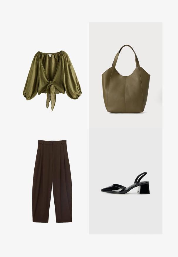 Olive green linen blouse with a cinched neckline, puffed sleeves, and a tied front. Lightweight, textured fabric with a loose fit.; Brown high-waisted trousers with pleats, made of smooth fabric. Loose fit, straight leg design, featuring belt loops and a zip fly.; Black patent leather slingback heels with a pointed toe and a geometric block heel. Features a sleek, minimal design and smooth texture.; Olive green leather tote bag with dual straps, smooth texture, and four panel design. Reinforced stitching along seams for durability.