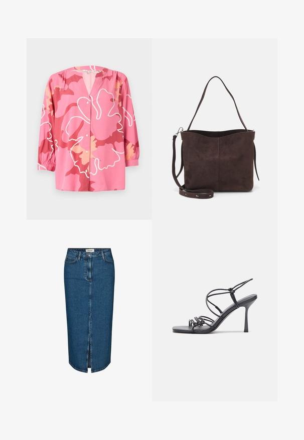 Roosa pluus, mis on valmistatud kerge kangaga, V-kaelusega, 3/4 varrukatega ning julge lillemustriga erinevates roosa ja kreemi toonides.; Tumedast denimist seelik, millel on ees lõhik, viis taskut ja kontrastne õmblus. Keskmise kõrgusega talje klassikalise disainiga.; Mustad musta värvi kontsandaalid on varustatud peente rihmadega, millel on sõlmekujundus, siledad ruudukujulised varbad ja stiilne stilettokonts.; Pruun nubukist kott pehme tekstuuriga, millel on üks õlavarre rihm ja peene kumer ülemine ava. Nähtavaid metallosi pole.