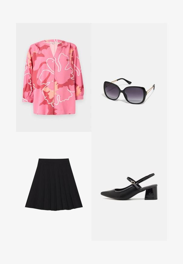 Różowa bluzka wykonana z lekkiego materiału, z dekoltem w kształcie V, rękawami 3/4 oraz odważnym kwiatowym wzorem w różnych odcieniach różu i kremu.; Czarna plisowana spódnica z teksturowanej tkaniny z dopasowanym paskiem. Sięga do kolan, wyróżniając się gładką, czystą sylwetką.; Czarne lakierowane czółenka na słupku ze spiczastym noskiem, lekko zaokrąglonym wycięciem i obcasem w kształcie bloku. Posiadają złotą klamrę jako akcent dekoracyjny.; Czarne oversize okulary przeciwsłoneczne z gradientowymi soczewkami, grubymi oprawkami i złotym łańcuszkiem na ramionach.; Czarna torebka o usztywnionym kształcie, gładkiej fakturze i metalowym zapięciem. Połączona z szerokimi czarnymi spodniami i sandałami na otwartym palcu na drewnianej podłodze.