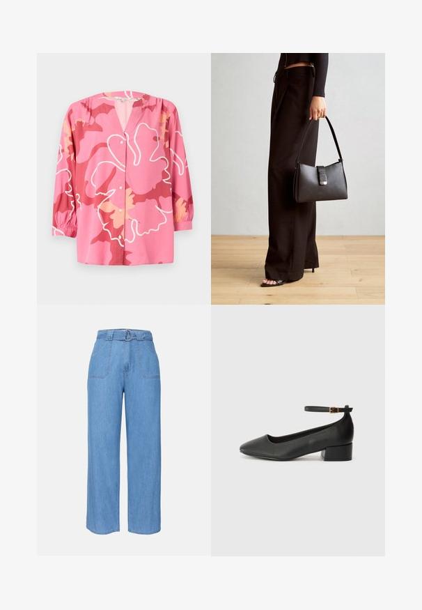 Rosa Bluse aus leichtem Stoff mit V-Ausschnitt, 3/4-Ärmeln und einem kräftigen Blumenmuster in verschiedenen Rosa- und Cremetönen.; Hellblaue Denim-Weite-Hosen mit einem Gürtelbund, zwei Fronttaschen und einer schlichten Textur. Sie verfügen über ein minimalistisches Design und klare Linien.; Schwarze Lederpumps mit spitzem Zehenbereich und niedrigem Blockabsatz. Mit einem Knöchelriemen und einer goldfarbenen Schnalle. Glatte Textur.; Schwarze Handtasche mit strukturierter Form, glatter Textur und einem metallischen Verschluss. Kombiniert mit weiten schwarzen Hosen und offenen Sandalen auf einem Holzboden.