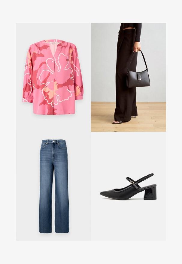 Roosa pluus, mis on valmistatud kerge kangaga, V-kaelusega, 3/4 varrukatega ning julge lillemustriga erinevates roosa ja kreemi toonides.; Sinine teksariie kõrge vöökohaga ja laia sääre lõikega. Omab klassikalist viie tasku disaini ja metallnuppude detaile.; Mustad läikivad nahast slingback-kõrged kontsad, millel on terav nina, ümar lõikekujundus ja blokknina. Omab kuldset nupu aktsenti.; Must musta kott, millel on struktureeritud kuju, sile tekstuur ja metallist klamber. Kombineeritud laiate mustade pükstega ja avatud varvaste sandaalidega puidust põrandal.