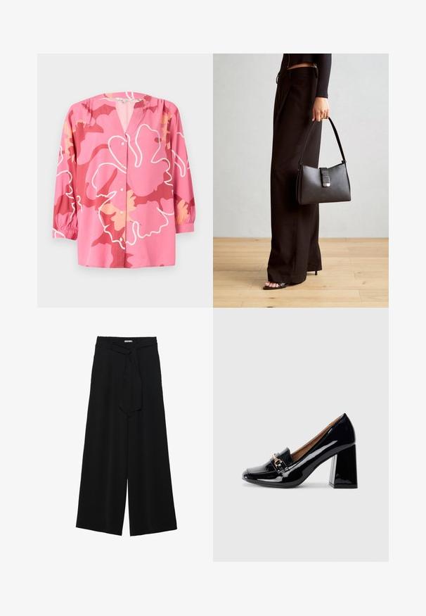 Blouse rose en tissu léger avec un col en V, des manches 3/4 et un motif floral audacieux dans des nuances variées de rose et de crème.; Pantalons larges noirs en tissu texturé, avec une taille élastique et une ceinture à nouer amovible à la taille pour un ajustement variable.; Escarpin en cuir verni noir, à talon haut avec un bout pointu et un talon carré. Présente une sangle décorative et un détail de boucle sur le dessus.; Sac à main noir à la forme structurée, texture lisse et fermoir métallique. Associé à un pantalon noir ample et des sandales ouvertes sur un sol en bois.