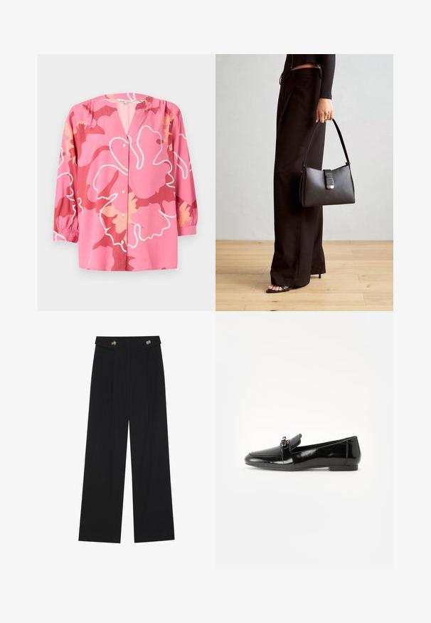 Roze blouse van lichtgewicht stof met een V-hals, 3/4 mouwen en een gedurfde bloemenpatroon in verschillende tinten roze en crème.; Zwarte wijde broek met hoge taille, knoopdetails op de tailleband en plooien aan de voorkant.; Zwarte gepatenteerde leren loafer met een vlakke zool, ronde teen en een decoratieve band met een gouden accen. Gladde, glanzende afwerking.; Zwarte handtas met gestructureerde vorm, gladde textuur en een metalen sluiting. Gecombineerd met brede zwarte broeken en sandalen met open teen op een houten vloer.