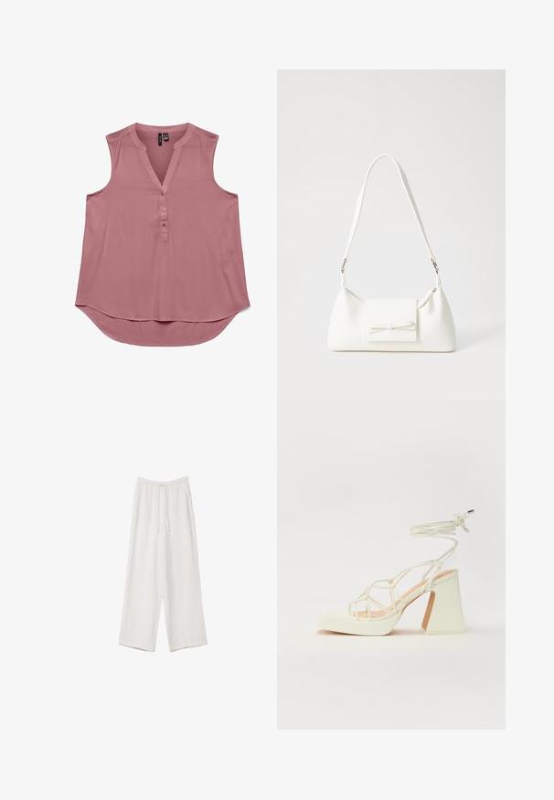 Ružová bezrukávová blúzka z ľahkého materiálu s výstrihom do V a zapínaním na gombíky. Zakrivený lem pre uvoľnený strih, hladká textúra a jednoduchý dizajn.; Biele široké nohavice vyrobené z ľahkej tkaniny. Obsahujú elastický pás so sťahovacou šnúrkou a bočné vrecká. Hladká textúra.; Biele sandále na vysokom opätku s hrubým podpätkom, s pruhovaným dizajnom a viazaním na členku. Hladký povrch s platformou vpredu pre zvýšenú výšku.; Biela syntetická kabelka s trojuholníkovým tvarom, plochým predným klapkou a detailom mašle, nastaviteľným popruhom, hladkou textúrou a minimalistickým dizajnom.