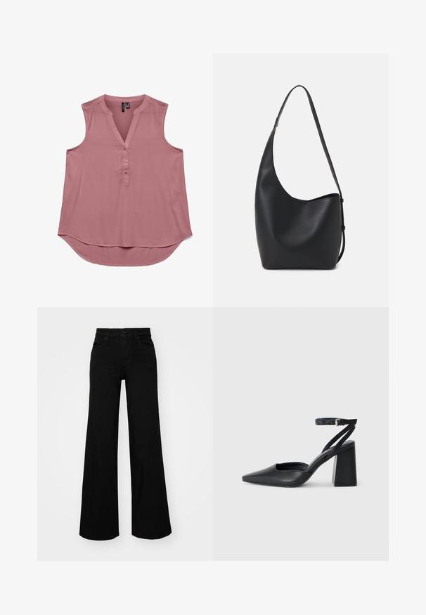 Ærmeløs pink bluse i let materiale med V-hals og knaplukning fortil. Rundet kant for en afslappet pasform, glat tekstur og enkelt design.; Sorte bukser med bred benvidde lavet af denim, med en struktureret talje, bæltesløjfer og forlommer. Glat tekstur med et klassisk design.; Sort læder spidse pumps med ankelrem og en chunky hæl. Flad tekstur, slankt design og minimalistisk æstetik.; Sort læder hobo taske med en glat overflade, buet form og en enkelt justerbar rem; har en bred åbning øverst.