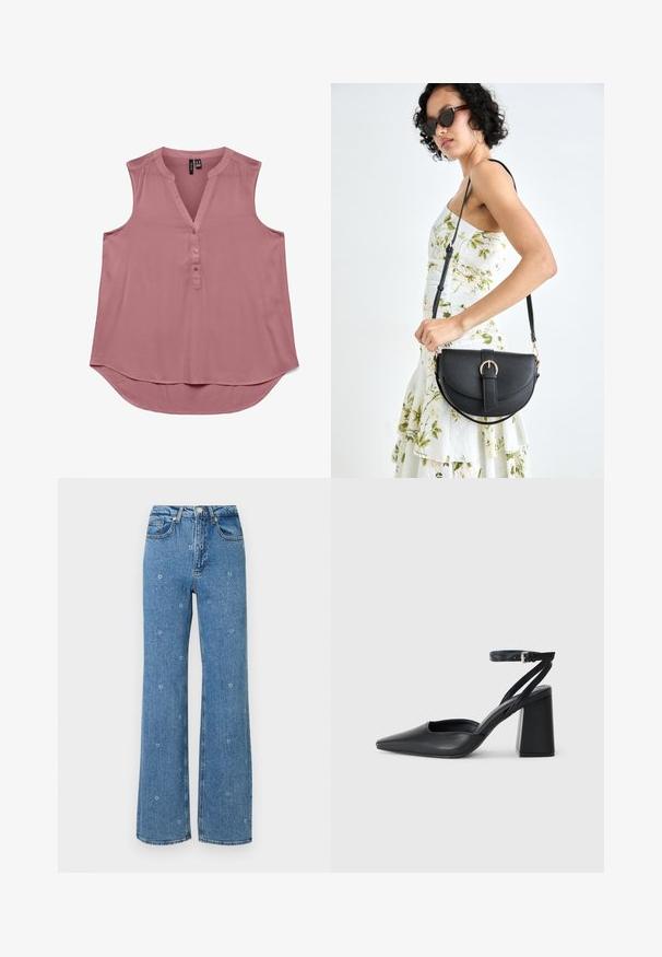 Ružová bezrukávová blúzka z ľahkého materiálu s výstrihom do V a zapínaním na gombíky. Zakrivený lem pre uvoľnený strih, hladká textúra a jednoduchý dizajn.; Modré vysoké pásové rovné džínsy s malou bielou kvetinovou výšivkou roztrúsenou po látke.; Čierne kožené lodičky s špicatou špičkou a členkovým remienkom, s masívnym podpätkom. Hladký povrch, elegantný dizajn a minimalistická estetika.; Čierna kožená kabelka s zaobleným tvarom, odnímateľným popruhom a zlatými doplnkami. Kabelka má klopu s detailom s prackou.