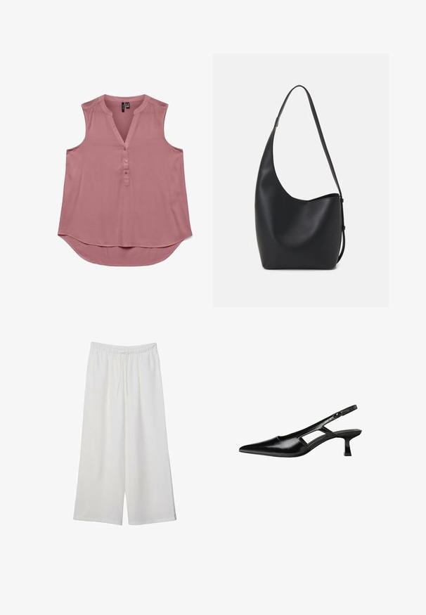 Růžová bezrukávová halenka z lehké tkaniny s výstřihem do V a předním zapínáním na knoflíky. Zaoblený lem pro pohodlné nošení, hladká textura a jednoduchý design.; Bílé kalhoty s širokými nohavicemi vyrobené z lehké tkaniny, s elastickým pasem a stahovací šňůrkou pro nastavitelnou velikost. Hladká textura.; Černé lakované lodičky na podpatku se špičatou špičkou, výřezovým designem na boku a malým čtvercovým podpatkem. Hladká textura s minimálními akcenty.; Černá kožená hobo taška s hladkým povrchem, zakřiveným tvarem a jedním nastavitelným popruhem; má široké otevírání nahoře.