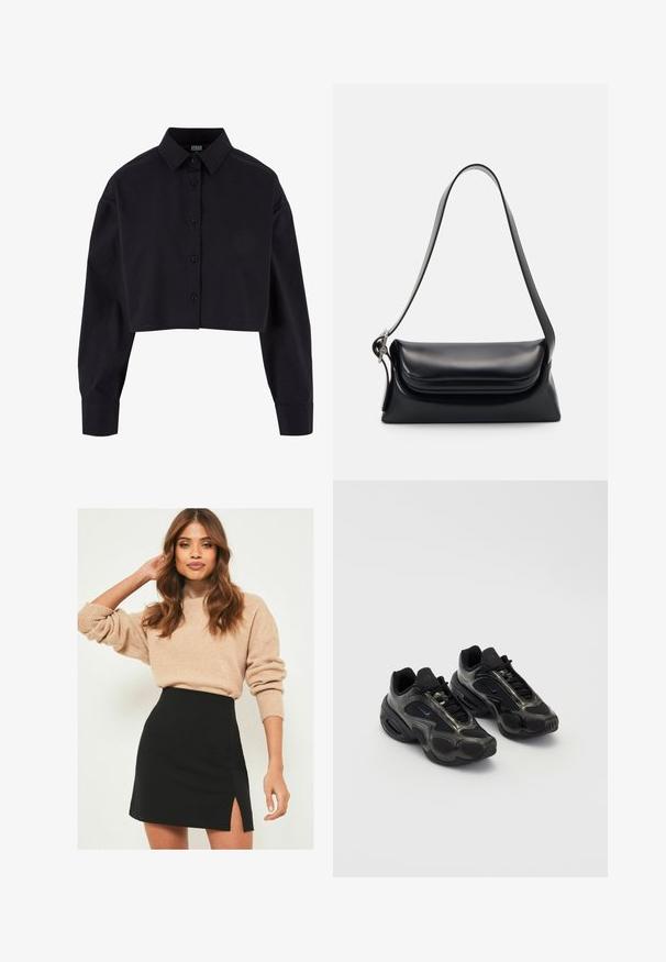 Fekete, rövidre vágott, pamut ing, hosszú ujjakkal, klasszikus gallérral és egyenes szegéllyel.; Beige kötött pulóver bordás mandzsettával, fekete mini szoknyával párosítva, amely oldalsó hasítékkal rendelkezik. Az öltözet laza, de mégis testhezálló sziluettet ad.; Fekete sportcipők szintetikus anyagból, hálós betétekkel és kerek talppal. Felszereltsége tartalmaz egy fűzőrendszert és egy hangsúlyos Nike logót a nyelvén.; Fekete bőr kézitáska, amelynek struktúrált formája, sima textúrája és egyetlen vállpántja van. Finom, lekerekített fedél kialakítással rendelkezik.; Ezüst Casio kvarcóra téglalap alakú számlappal, analóg és digitális kijelzőkkel, rozsdamentes acél karkötővel és vízálló tulajdonságokkal.