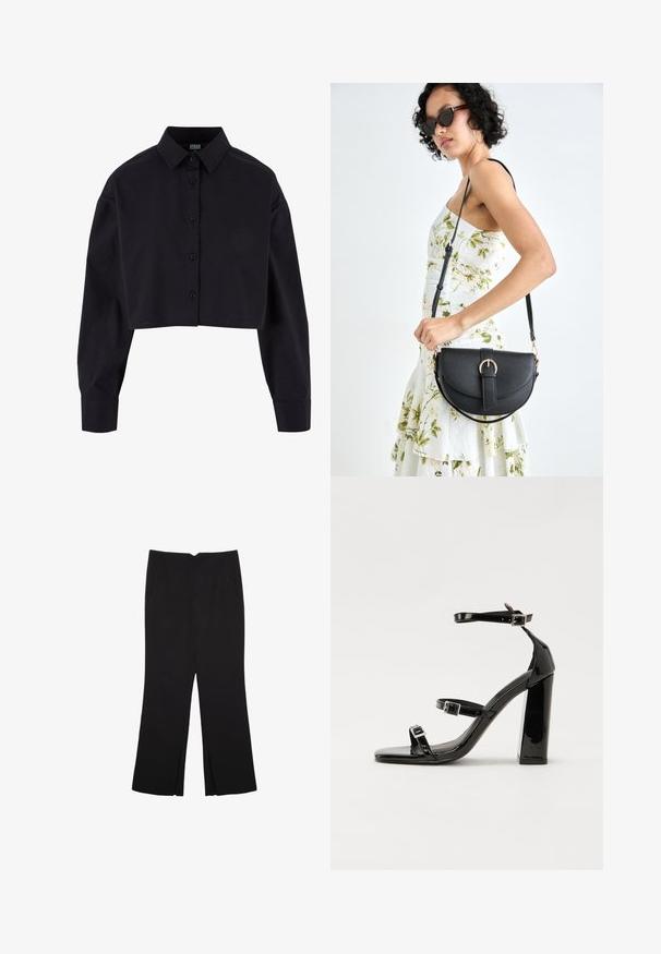 Kortärmad svart skjorta med knäppning i bomull, med lång ärm, klassisk krage och rak fåll.; Svarta byxor med rak passform, utrustade med framfickor och sidoklyvningar vid fållen. Tillverkade av mjukt, slätt tyg. Lämpliga för olika tillfällen.; Svarta lackerade klacksandaler med fyrkantig tå, ankelremmar och silverfärgade spännen. Har en kraftig blockklack för stabilitet.; Svart läderhandväska med en böjd form, avtagbar rem och guldiga detaljer. Väskan har ett lock med en spänndetalj.