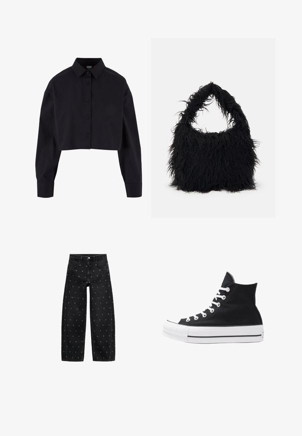 Cămașă neagră din bumbac, cu guler clasic și mâneci lungi, tăiată, cu o linie de tiv dreaptă.; Jeans din denim negru, cu picioare largi, având un model de mici gromete argintii, cu un design clasic cu cinci buzunare și închidere cu buton în față.; Tenisi negri înalți din pânză, cu ochiuri și sireturi albe, precum și talpă din cauciuc. Dispune de un capac texturat pentru degetul mare și accente în dungi alb-negru.; Even&Odd Geantă de pânză - black