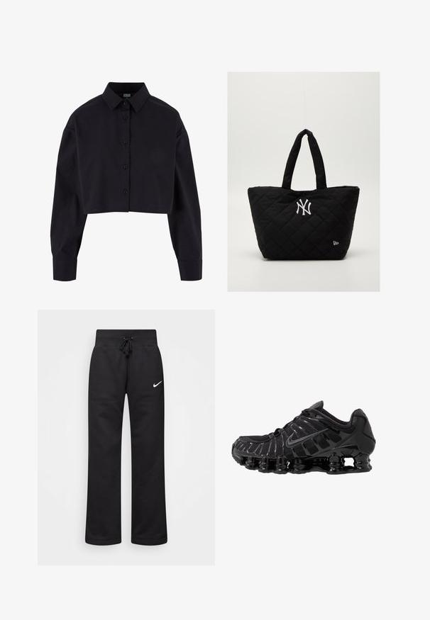 Camisa negra recortada de botones, hecha de algodón, con mangas largas, un cuello clásico y un dobladillo recto.; Pantalones de chándal negros hechos de una mezcla de algodón, con una cintura elástica ajustable, piernas rectas y un logo blanco de Nike en el lado izquierdo.; Zapatilla deportiva negra con parte superior de malla y detalles brillantes. Presenta amortiguación de bobina curvada y líneas texturizadas en el lateral. Logotipo de Nike visible.; Bolsa tote negra acolchada con doble asa, que presenta un logo blanco de los New York Yankees y un pequeño emblema de la marca en el lateral.