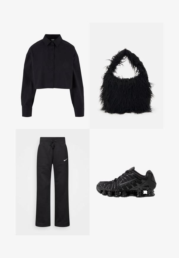 Zastrihnutá čierna košeľa na gombíky vyrobená z bavlny, s dlhými rukávmi, klasickým golierom a rovnou líniou spodného okraja.; Čierne tepláky vyrobené z bavlnenej zmesi, s elastickým pásom na šnúrku, rovnými nohavicami a bielym logom Nike na ľavej strane.; Čierna športová obuv s vrchnou časťou z sieťoviny a lesklými detailmi. Obsahuje zakrivené odpruženie a textúrované línie po stranách. Viditeľné logo Nike.; Even&Odd Veľká kabelka - black