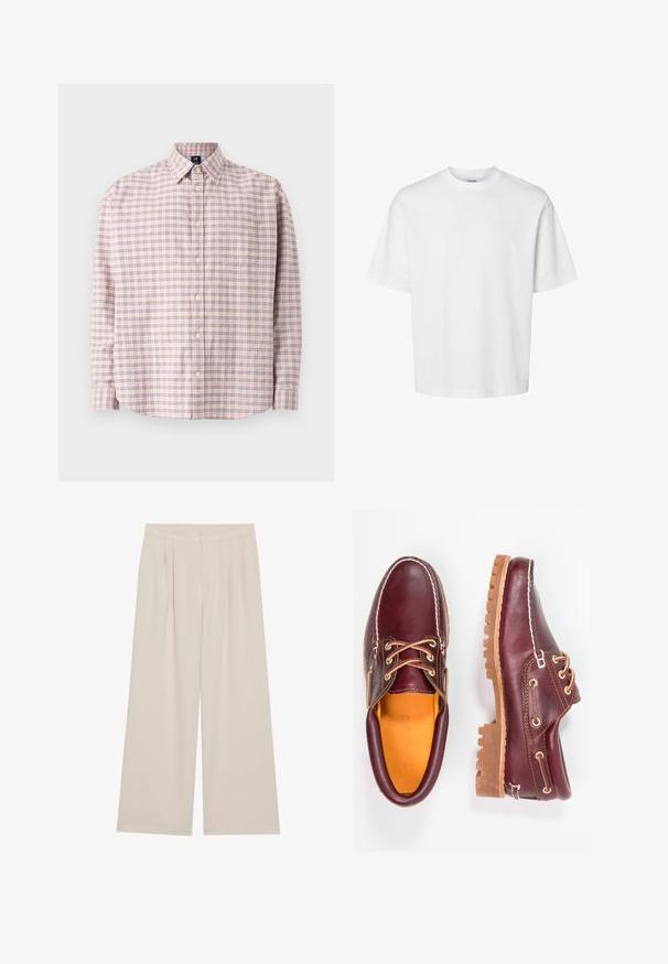 Gariņš ar garām piedurknēm, rozā krāsā ar rūtainu rakstu, ar tumši zilām un bēšām līnijām, apaļu apakšmalu un vienu krūšu kabatu.; Balts kokvilnas T-krekls ar īsām piedurknēm, apaļu kakla izgriezumu un brīvu piegriezumu. Gluda tekstūra bez redzamām rakstu vai akcentu detaļām.; Bēšas platajās bikses ar gludu priekšpusi, krokām un elastīgu jostasvietu. Izgatavotas no viegla auduma ar gludu tekstūru.; Burgundijas krāsas ādas apavi ar brūniem gumijas zole, apaļiem purngalu, baltu šuvumu un zelta caurumiem. Iekšpusei ir dzeltena oderējums.