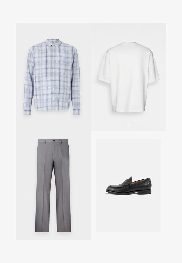 Košeľa s dlhým rukávom a gombíkmi v svetlomodrej a bielej kockovanej vzore. Má klasický golier a mäkkú, štruktúrovanú tkaninu.; Biela tričko s krátkym rukávom, voľný strih, okrúhly výstrih, hladká bavlnená látka, nezdobená zadná strana, rovný lem, bez vzorov alebo akcentov.; Svetlosivé upravené nohavice s plochým predným dielom, dvoma bočnými vreckami a jednoprievlakovou prednou gombíkovou uzávierkou. Hladká textúra so subtílnym jemným prúžkom.; Čierne kožené mokasíny s hladkým povrchom, zaoblenou špičkou a dekoratívnym prešívaním na prednej časti. Nízky kokteilový opätok a jemný lesk.