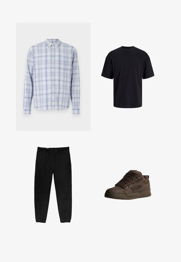 Cămașă cu mânecă lungă, cu nasturi, în nuanță de albastru deschis și model în carouri albe. Dispune de un guler clasic și fabrică moale, texturată.; Tricou din bumbac negru, cu guler rotund, mâneci scurte și o croială lejeră. Textură netedă și fără modele sau accente vizibile.; Pantaloni negri cu talie elastică și șnur, cu picioare conice, buzunare laterale și detalii subtile de coasere pe laterale. Textură moale din bumbac.; Pantofi sport maro din material sintetic neted. Prezintă șireturi groase, accente din plasă, guler căptușit și talpă din cauciuc texturat.
