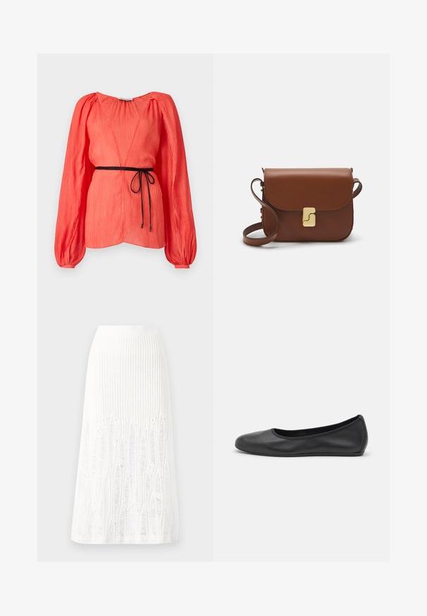 Top color corallo con profondo scollo a V, maniche lunghe a sbuffo e cinturino nero. Tessuto strutturato con pieghe verticali in tutto.; Gonna midi bianca in maglia con un motivo testurizzato a righe verticali e dettagli a taglio vicino all'orlo. Vita elasticizzata. Materiale morbido.; Pantofole da balletto nere in pelle con punta arrotondata, texture liscia, dettagli di cucitura minimi e design con suola flessibile.; Borsa a tracolla in pelle marrone con chiusura a pattina, hardware color oro, tracolla e una finitura liscia. Forma rettangolare compatta.