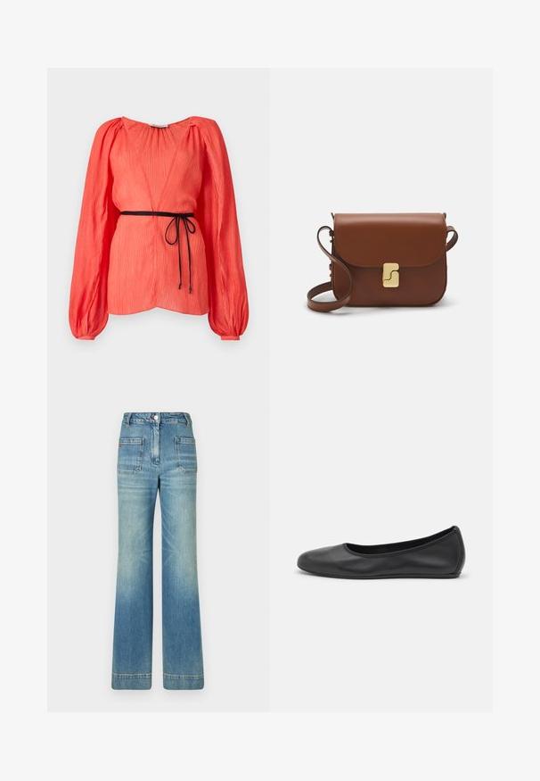 Koralna majica z globokim V-izrezom, dolgimi napihnjenimi rokavi in črnim kravato. Teksturirana tkanina z navpičnimi naborki po vsej površini.; Bela kratka majica s kratkimi rokavi iz rebrastega materiala. Okrogla ovratnica, običajen kroj in subtilni šivi. Brez vzorcev ali grafik.; Svijetloplave traperice s flared nogavicama, pet džepova, petljama za remen, kopčanjem na dugme i blago izblijedjelim izgledom, s crvenim logo detaljem na stražnjem dijelu.; Črne usnjene balerinke z zaobljenim nosom, gladko teksturo, minimalnimi šivi in fleksibilno zasnovo podplata.; Rjava usnjena torbica s poklopcem, zlato obarvani okovi, naramnica in gladka tekstura. Kompaktna pravokotna oblika.