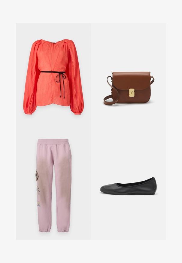 Coral-colored top with a deep V-neck, long puff sleeves, and a black tie belt. Textured fabric with vertical pleats throughout.; White short-sleeve t-shirt made of ribbed fabric. Round neckline, regular fit, and subtle stitching details. No patterns or graphics.; Pink sweatpants with an elastic waistband, featuring decorative patches in diamond shapes on the left side and elastic cuffs at the ankles.; Black leather ballet flat with a rounded toe, smooth texture, minimal stitching detail, and a flexible sole design.; Brown leather handbag with a flap closure, gold-tone hardware, a shoulder strap, and a smooth texture. Compact rectangular shape.