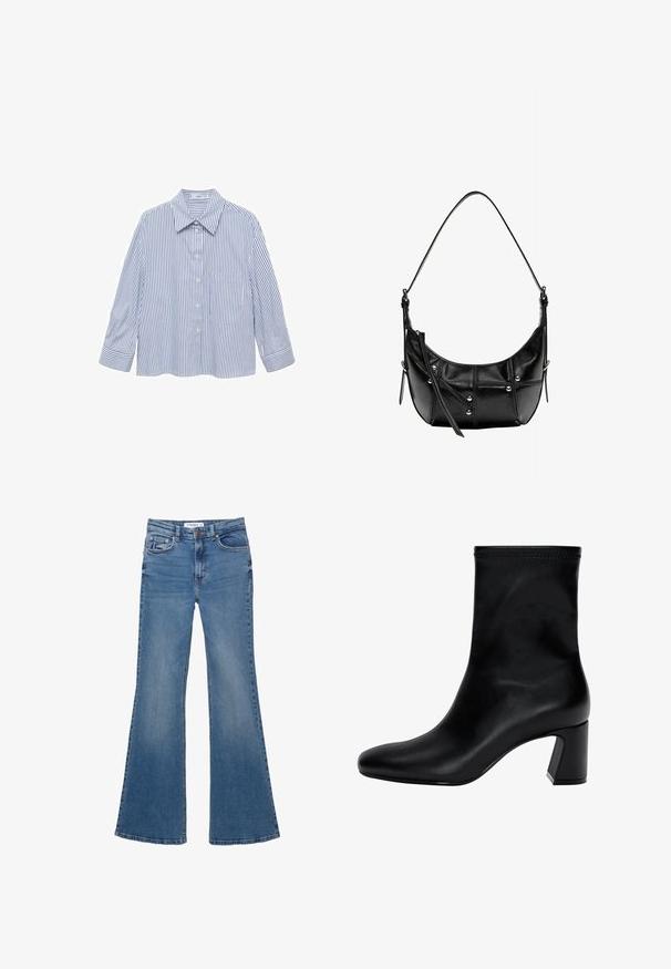Blå og hvid stribet skjorte med krave, knaplukning foran, lange ærmer og en enkelt brystlomme. Glat, letvægtsstof.; Blå denim flare jeans med front- og baglommer, bæltestropper og knaplukning, liggende fladt på en hvid baggrund.; Sort ankelstøvle lavet af glat læder. Har en firkantet tå, elastisk kant og en kraftig hæl for stabilitet. Minimalistisk design.; Sort læder skuldertaske med en buet form, der har sølvnitter og syning detaljer. Justerbar rem for alsidighed.