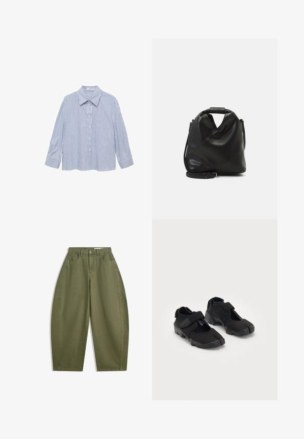 Blå og hvid stribet skjorte med krave, knaplukning foran, lange ærmer og en enkelt brystlomme. Glat, letvægtsstof.; Oliven grønne vidde bukser lavet af bomuld, med høj talje, frontlommer og en glat tekstur. Ingen udsmykninger eller mønstre.; Sorte vandsko lavet af fleksibelt stof med en velcrorem, der har et unikt split-tå design og en tekstureret gummisål for bedre greb.; Sort, blødt lædertaske med et unikt snoet design. Har et kort håndtag og en aftagelig skulderrem. Minimalistisk stil.