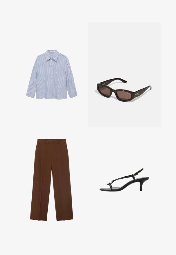 Modrá a bílá pruhovaná košile s límečkem, zapínáním na knoflíky vepředu, dlouhými rukávy a jedním náprsním kapsou. Hladká, lehká tkanina.; Hnědé široké kalhoty vyrobené z hladkého materiálu s vysokým pasem, které mají přední kapsy a úhledný záhyb na přední straně.; Černé kožené sandály na kotníkovém podpatku s tenkými pásky, zlatou sponou a minimalistickým provlečením na prstech na bílém pozadí.; Hnědé želvovinové sluneční brýle s obdélníkovým tvarem, tmavohnědými skly a zlatým logem "vogue" na stranách.; Tkaná hnědá kožená kabelka zaobleného tvaru, s dvojitými horními uchy a hladkým povrchem; obsahuje jemné prošívání jako designový detail.; Stříbrný náhrdelník s řetízkem, který obsahuje tři vzájemně propletené prstence: dva stříbrné a jeden zlatý, s hladkým povrchem a zapínáním na krabicovou sponu.