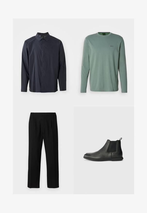 Μπλέ πουκάμισο με γιακά, μακριά μανίκια και υφασμάτινη υφή. Διαθέτει μπροστινό πατιλέτα με κουμπιά και μια διακριτική λεπτομέρεια λογότυπου.; Ανοιχτό πράσινη μακρυμάνικη μπλούζα φτιαγμένη από μαλακό ύφος. Διαθέτει στρογγυλή λαιμόκοψη και ένα μικρό κεντητό λογότυπο "BOSS" στο στήθος.; Μαύρο παντελόνι από λεία ύφανση, με ελαστική μέση, ίσια γραμμή και δύο πιέτες μπροστά για επιπλέον λεπτομέρεια.; Μαύρες δερμάτινες μπότες έως τον αστράγαλο με λεία υφή, ελαστικές πλευρικές πάνελ και θηλιά στο πίσω μέρος. Στρογγυλή μύτη και καουτσούκ σόλα.