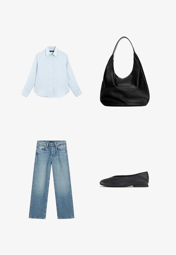 Himmelblaues, langärmliges Hemd mit Knopfverschluss aus strukturiertem Stoff. Verfügt über einen spitzen Kragen, Vorderknöpfe und einen abgerundeten Saum.; Hellblaue Jeans mit weitem Bein aus Denim. Verfügt über fünf Taschen, einen Knopfverschluss und dezentes Verblassen, das eine strukturierte Optik erzeugt.; Schwarze Lederflats mit runder Zehenpartie und niedrigem Absatz, geeignet für Freizeit- oder formelle Anlässe.; Schwarze Leder-Hobo-Tasche mit einem lässigen Design, breitem Schultergurt und glatter Textur. Verfügt über einen seitlichen Reißverschluss.