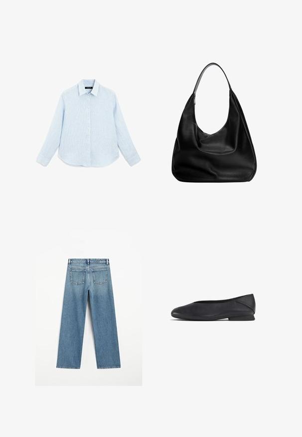 Light blue, long-sleeve button-up shirt made of textured fabric. Features a pointed collar, front buttons, and a curved hemline.; Light blue denim jeans with a wide-leg cut, featuring two back pockets and a frayed hem. Made of textured cotton fabric.; Black leather flat shoe with rounded toe and low heel, designed for casual or formal wear.; Black leather hobo bag with a slouchy design, wide shoulder strap, and smooth texture. Features a single zip closure on the side.