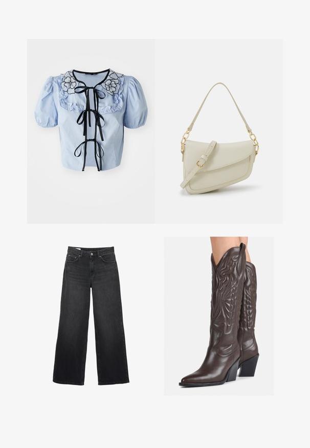Világoskék, rövid ujjú blúz fodros gallérral, fekete virágmintás hímzéssel és fekete szalagkötőkkel elöl. Simább pamut textúra.; Fekete, széles szárú farmernadrág. Klasszikus öt zsebes dizájnnal, egyenes sziluettel és elől gombos záródással rendelkezik.; Barna bőr cowboy csizmák hegyes orral és blokk sarkal, részletes varrással és kiemelkedő díszítésekkel a szárán.; Kis krémszínű táska texturált felülettel, hosszú, állítható pánttal, láncos díszítéssel és fedéllel záródik. Aranyszínű fém részletek.