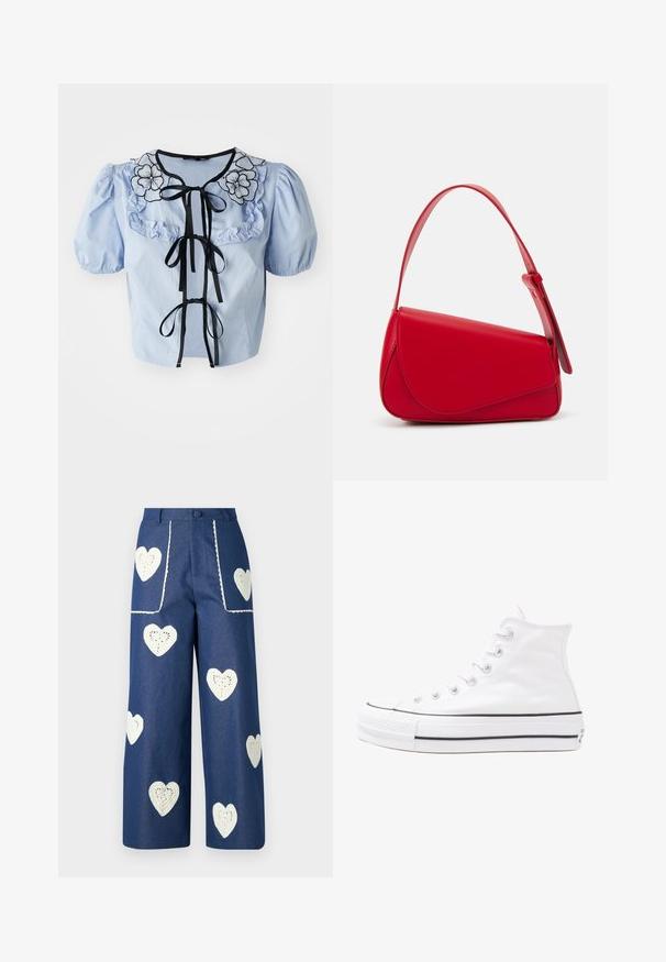 Blusa azzurra a maniche corte con colletto arricciato, ricamo floreale nero e nastri neri annodati sul davanti. Tessuto di cotone liscio.; Sister Jane HEART TO HEART - Jeans a sigaretta - blue denim; Sneaker alta in tela bianca con suola in gomma nera, punta in gomma frontale e sei asole per i lacci, caratterizzata da un design pulito e minimalista.; Borsa a tracolla in pelle rossa con un design angolare e geometrico. Presenta una singola tracolla regolabile e una chiusura a patta con dettagli cuciti.